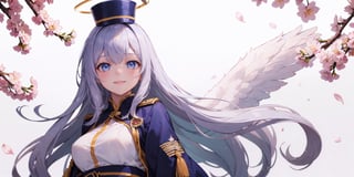  figure, (1girl), (solo), (angel_wings), ((white long curly hair)), blue eyes, two blue ribbons on her hair, (Double golden halo on her head), middle_breast, , cute smile, Japanese military uniform, Japanese military hat, fighting pose, background is cherry blossoms, masterpiece, masterpiece, best quality, better_hands, five fingers,masterpiece