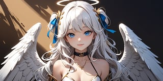 //quality
masterpiece, best quality, aesthetic, 
//Character
1girl, angel, white hair, long curly hair, (two side up), blue eyes, two blue ribbons on her hair, (Double golden halo on her head), choker, angel wings, (beautiful eyes:1.0), big eyes, deailed eyes, (beautiful face:1.0), fine skin, 
(medium breasts:1.2), 
//Fashion 
(The girl is smiling wryly,:1.0), 
//Background 
(Ink painting:1.2),  Light ochre background