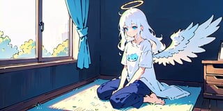  (Best Picture Quality, High Quality, Best Picture Score: 1.3), , Perfect Beauty Score: 1.5, long hair, 1 angel girl, (solo), ((white hair)), (long curly hair), blue eyes, ((two blue ribbons on her hair)), (Double golden halo on her head), (angel wings), (cute outfit), Wearing a T-shirt and pajamas trousers, Sitting on the floor in a room with no lights on, sad expression, beautiful, cute, masterpiece, best quality,LOFI
