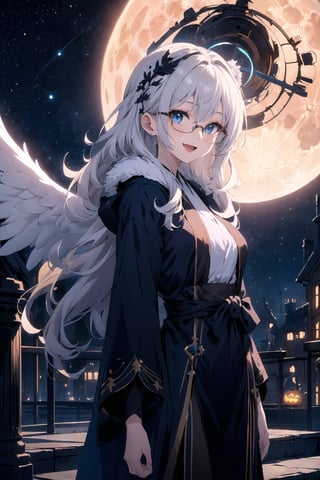 anime style portrait of a beautiful halloween glasses angel wearing (blue fluffy magic robe), (fusion of magic robe: and aodai:1.3), (fur hood), futuristic_aodai, wearing a glasses:1.3, ((;D:1.3)), perfect face,perfect eyes,HD details,high details,sharp focus,studio photo,HD makeup,shimmery makeup,celebrity makeup,(( centered image)) (HD render)Studio portrait,magic, magical, fantasy, halloween, moon, jack-o' challenge, sliver hair, long curly hair,blue eyes, two mini blue-ribbon decorations on the hair, (Double golden halo on her head), angel wings,
 bangs, arms behid back, Mechanical part, hallowenn town, trick or treet,  magic aura background, cute, spelling, under tree, ,Witchblade,teengirlmix,Moon Witch,Circle, winter halloween, 