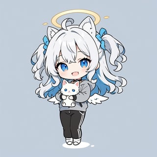 chibi, sd, masterpiece, made by a master, 4k, perfect anatomy, perfect details, best quality, high quality, lots of detail.
(solo),1girl, ((angel)), ((white hair)), long curly hair, (two side up), blue eyes,  (curly hair:1.2), (wavy hair), (hair curls), (bangs), (two side up), two ((blue)) hair ties on head, (Double golden halo on her head), choker, ((angel wings)), ahoge, fang, smile, happy, (Gray long sleeve hooded top), Black long pants, white socks, single, looking at viewer, mouth wide open, (Holding a big white cat head), (full body) ,Emote Chibi. cute comic,simple background, flat color, Cute girl,dal,Chibi Style,lineart,