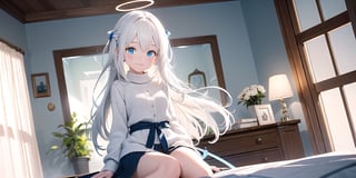 vibrant colors, female, masterpiece, sharp focus, best quality, depth of field, cinematic lighting, ((solo, one woman )), (illustration, 8k CG, extremely detailed), masterpiece, ultra-detailed,
1angel, (white hair), long curly hair, blue eyes, (two blue ribbons on her hair), (Double golden halo on her head), angel wings, sweater, cute outfit, Sitting in her room, best smile, cute face, perfect light,1girl white hair blue eyes x hair ornament,masterpiece,