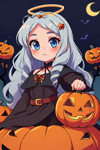 1girl,angel, with sliver long curly hair, blue eyes, two blue ribbons on her hair, (Double golden halo on her head), halloween style, witch clothes, pumpkins, high_res 