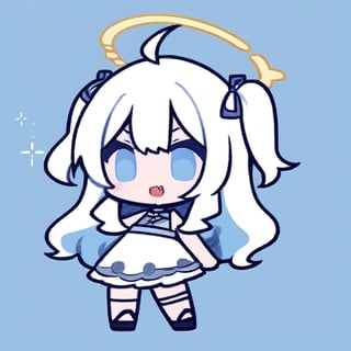 cute, kawaii, chibi, 1girl, angel, ((white hair)), long curly hair, (two side up), blue eyes,  (curly hair:1.2), (wavy hair), (hair curls), (bangs), (two side up), two blue hair ties on head, (Double golden halo on her head), choker, angel wings, ahoge, fang, White dress with blue lace trim, anime style, cute pose,chibi,simple background, flat color