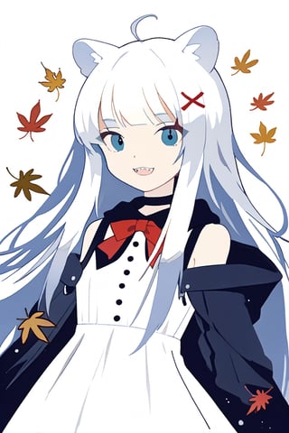 score_9, score_8_up, score_7_up, Minimalstyle, 1girl, solo,  ((white hair)), very long hair, blue eyes, (straight hair), (bangs), animal ears, (stoat ears:1.2), Choker, ahoge, fangs, (big stoat Tail:1.2), (X hairpin), (White sleeveless collared dress, blue chest bow), (black hooded oversized jacket:1.2), (Off the shoulders) ,simple, faceless female, beautiful, extremely detailed, vector, headshot,falling leaves,minimalstyle