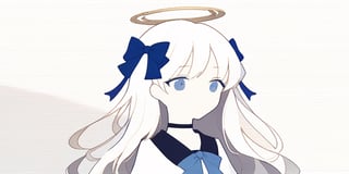 score_9, score_8_up, score_7_up, Minimalstyle, 1girl, angel, white hair, long curly hair, (two side up), blue eyes, two blue bows on head, (Double golden halo on her head), choker, angel wings on back, ahoge ,simple, faceless female, beautiful, extremely detailed, vector, headshot,falling sakura,minimalstyle,score_6_up