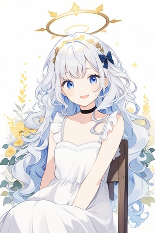 1girl, angel, ((white hair)), long curly hair, (two side up), blue eyes,  (curly hair:1.2), (wavy hair), (hair curls)
, (bangs), (two side up), two blue hair ties on head, (Double golden halo on her head), bowtie choker, angel wings, ahoge, fang,solo, looking at viewer, smile, simple background, white  dress, white background, hair between eyes, closed mouth, collarbone, upper body, female focus, sit on chair in garden 