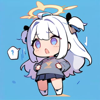  chibi, masterpiece, best quality,1girl, angel, (white hair), long curly hair, (two side up),blue eyes, (two blue ribbons on her hair), ((Double golden halo on her head)), choker, ((angel wings)), ahoge,surprised expression, open mouth, Wearing grey Hooded T-shirt, long sleeves, pleated skirt, holding a spoon, masterpiece,simple background