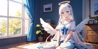  (Best Picture Quality, High Quality, Best Picture Score: 1.3), , Perfect Beauty Score: 1.5, long hair, 1 angel girl, (solo), ((white hair)), (long curly hair), blue eyes, ((two blue ribbons on her hair)), (Double golden halo on her head), (angel wings), (cute outfit), Wearing a T-shirt and pajamas trousers, Sitting on the floor in a room with no lights on, sad expression, beautiful, cute,masterpiece, best quality,