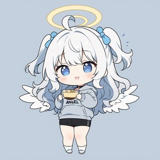 chibi, sd, masterpiece, made by a master, 4k, perfect anatomy, perfect details, best quality, high quality, lots of detail.
(solo),1girl, ((angel)), ((white hair)), long curly hair, (two side up), blue eyes,  (curly hair:1.2), (wavy hair), (hair curls), (bangs), (two side up), two ((blue)) hair ties on head, (Double golden halo on her head), choker, ((angel wings)), ahoge, (((=_=1.2))) , (Gray long sleeve hooded top), Black long pants, white socks, single, looking at viewer, (holding a pudding:1), (full body) ,Emote Chibi. cute comic,simple background, flat color, Cute girl,dal,Chibi Style,lineart,