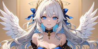 //quality
masterpiece, best quality, aesthetic, 
//Character
1girl, angel, white hair, long curly hair, (two side up), blue eyes, two blue ribbons on her hair, (Double golden halo on her head), choker, angel wings, (beautiful eyes:1.0), big eyes, deailed eyes, (beautiful face:1.0), fine skin, 
(medium breasts:1.2), 
//Fashion 
(The girl is smiling wryly,:1.0), 
//Background 
(Ink painting:1.2),  Light ochre background