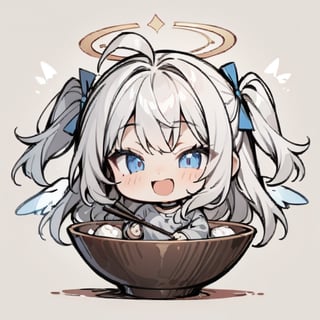  chibi, masterpiece, best quality, solo, 1girl, angel, (white hair), long curly hair, (two side up),blue eyes, (two blue ribbons on her hair), ((Double golden halo on her head)), choker, ((angel wings)), ahoge, full body, cute smile, best smile, open mouth, Wearing grey Hooded T-shirt, long sleeves, trousers, (holding huge bowl and chopsticks), ,masterpiece,simple background,chibi emote style