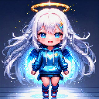 (chibi:1.3), masterpiece, made by a master, 4k, perfect anatomy, perfect details, best quality, high quality, lots of detail.
(solo),1girl, ((angel)), ((white hair)), (long hair:1.1), (two side up:1.2), blue eyes, (wavy hair), (hair curls), (bangs), two ((blue)) hair ties on head, (Double golden halo on her head), choker, ((angel wings)), ahoge, laughing, sharp teeth,, (white long sleeve hooded top), black pants, white socks, single, open mouth, (full body) ,Emote Chibi. cute comic, flat color, Cute girl,Chibi Style,lineart,pixel art,16 bit