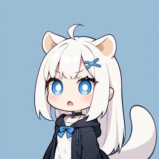 (chibi style), {{{masterpiece}}}, {{{best quality}}}, {{ultra-detailed}}, {beautiful detailed eyes},1girl, solo,  ((white hair)), very long hair, blue eyes, (straight hair), (bangs), animal ears, (stoat ears:1.2), Choker, ahoge, fangs, (big stoat Tail:1.2), (X hairpin), (White sleeveless collared dress, blue chest bow), (black hooded oversized jacket:1.2), (Off the shoulders), O_O, ((punching viewer)), upper body,chibi emote style,chibi,emote,cute comic