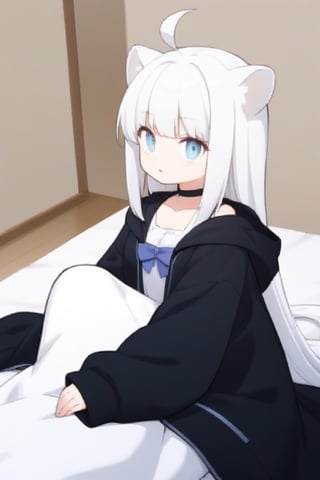 (chibi style),1girl, solo,  ((white hair)), very long hair, blue eyes, (straight hair), (bangs), animal ears, (stoat ears:1.2), Choker, ahoge, fangs, (big stoat Tail:1.2), 
(White sleeveless collared dress, blue chest bow), (black hooded oversized jacket:1.2), (Off the shoulders), looking at viewer, simple background, shirt,, white background, upper body, anime ,Anime ,girl , futon
