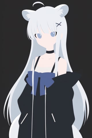 score_9, score_8_up, score_7_up, Minimalstyle, 1girl, solo,  ((white hair)), very long hair, blue eyes, (straight hair), (bangs), animal ears, (stoat ears:1.2), Choker, ahoge, fangs, (big stoat Tail:1.2), (X hairpin), (White sleeveless collared dress, blue chest bow), (black hooded oversized jacket:1.2), (Off the shoulders) ,simple, faceless female, beautiful, extremely detailed, vector, headshot,falling leaves,minimalstyle