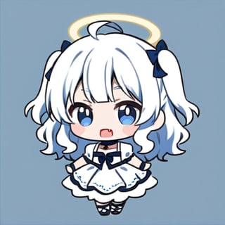 cute, kawaii, chibi, 1girl, (angel), ((white hair)), long curly hair, (two side up), blue eyes,  (curly hair:1.2), (wavy hair), (hair curls), (bangs), (two side up), two blue hair ties on head, (Double golden halo on her head), choker, ((angel wings)), ahoge, fang, White dress with blue lace trim, anime style, cute pose,chibi,simple background, flat color,dal,chibi style,Chibi Style
