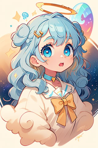(best quality, masterpiece), 1girl, angel, white hair, long curly hair, (two side up), blue eyes,  (curly hair:1.2), (wavy hair), (hair curls), (bangs), (two side up), two blue hair ties on head, (Double golden halo on her head), bowtie choker, angel wings, ahoge, fang, particle, upper body, looking at viewer, galaxy