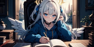 vibrant colors, female, masterpiece, sharp focus, best quality, depth of field, cinematic lighting, ((solo, one girl)), (illustration, 8k CG, extremely detailed), masterpiece, ultra-detailed,
1girl, angel, white hair, long curly hair, two side up,blue eyes, two blue ribbons on her hair, (Double golden halo on her head), choker, angel wings, Wearing Hooded T-shirt, on chair, open book on desk, look in the camera
