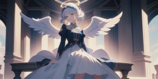 vibrant colors, female, masterpiece, sharp focus, best quality, depth of field, cinematic lighting, ((solo, one woman )), (illustration, 8k CG, extremely detailed), masterpiece, ultra-detailed,
1angel, (white hair), long curly hair, blue eyes, (two blue ribbons on her hair), (Double golden halo on her head), angel wings, Sitting on a seat, look to the sky,perfect light,masterpiece,portrait,long skirt, 