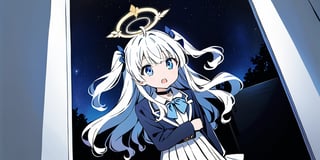 (masterpiece), full body:1.1, 1girl, 20 years old, (angel), white hair, long curly hair, two side up,blue eyes, two blue ribbons on her hair, (Double golden halo on her head), choker, ((angel wings)), solo, negative space, (starry sky background, standing), cinematic angle, side angle, from above:1, a girl in a school uniform, cute, black pleated skirt, blue blazer, blue bow in hair, ahoge, simple, facing viewer, manga illustration style, Trying to close the door, closing a door, a white wooden door, A mysterious door, Behind the door is a starry sky, bangs, staring blankly at the camera, surprised expression, open mouth, detailed blue eyes,Kyoto animation style