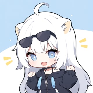 (chibi style), {{{masterpiece}}}, {{{best quality}}}, {{ultra-detailed}}, {beautiful detailed eyes}1girl, solo,  ((white hair)), very long hair, blue eyes, (straight hair), (bangs), animal ears, (stoat ears:1.2),
 Choker, ahoge, fangs, (big stoat Tail:1.2), (blue X hairpin), (black hooded oversized jacket:1.2), (jacket zipper half unzipped), (Off the shoulders), (rapping), (black sunglasses), upper body,chibi emote style,chibi,emote, cute,Emote Chibi,anime,cute comic,