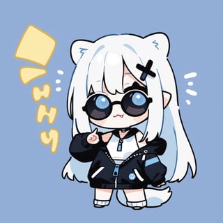 (chibi style), {{{masterpiece}}}, {{{best quality}}}, {{ultra-detailed}}, {beautiful detailed eyes}1girl, solo,  ((white hair)), very long hair, blue eyes, (straight hair), (bangs), animal ears, (stoat ears:1.2),
 Choker, ahoge, fangs, (big stoat Tail:1.2), (blue X hairpin), (White sleeveless collared dress, (midriff), blue chest bow), 
(black hooded oversized jacket:1.2), (jacket zipper half unzipped), (Off the shoulders), (rapping), (black sunglasses), upper body,chibi emote style,chibi,emote, cute,Emote Chibi,anime,cute comic,txznf,flat style