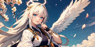  figure, (1girl), (solo), (angel_wings), ((white long curly hair)), blue eyes, two blue ribbons on her hair, (Double golden halo on her head), middle_breast, , cute smile, Japanese military uniform, Japanese military hat, fighting pose, background is cherry blossoms, masterpiece, masterpiece, best quality, better_hands, five fingers,