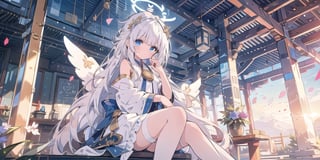 vibrant colors, female, masterpiece, sharp focus, best quality, depth of field, cinematic lighting, ((solo, one woman )), (illustration, 8k CG, extremely detailed), masterpiece, ultra-detailed,
1angel, (white hair), long curly hair, blue eyes, (two blue ribbons on her hair), (Double golden halo on her head), angel wings, Sitting on a seat, look to the sky,perfect light,midjourney,miko dressing