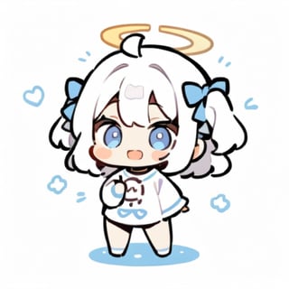  chibi, masterpiece, best quality, solo, 1girl, angel, white hair, long curly hair, (two side up), blue eyes, two blue bows on head, (Double golden halo on her head), choker, angel wings on back, ahoge, full body, cute smile, best smile, open mouth, Wearing blue and white dress, short pants, (Holding a huge stand sign), simple background,masterpiece,Chibi anime,doodle,cute comic,cutegirlmix