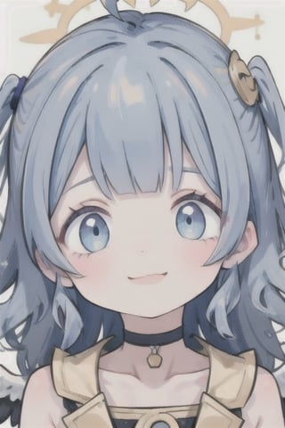masterpiece, best quality, light smile, close-up, white background,sparklehsr,chibi,1girl, angel, white hair, long curly hair, ((two side up)), blue eyes, (curly hair:1.2), (wavy hair), (hair curls), (blunt bangs), (two side up), two blue hair ties on head, (Double golden halo on her head), choker, angel wings,ahoge,, bangs, ,pastel
