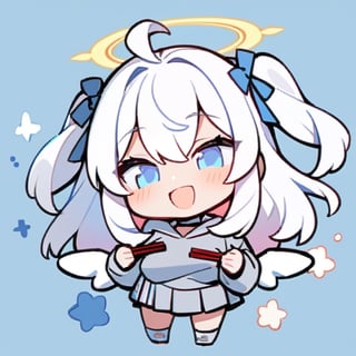  chibi, masterpiece, best quality, solo, 1girl, angel, (white hair), long curly hair, (two side up),blue eyes, (two blue ribbons on her hair), ((Double golden halo on her head)), choker, ((angel wings)), ahoge, full body, cute smile, best smile, open mouth, Wearing grey Hooded T-shirt, long sleeves, pleated skirt, (holding a pair of huge chopsticks), ,masterpiece,simple background, ,