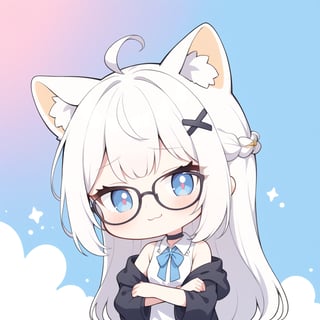 (chibi style), {{{masterpiece}}}, {{{best quality}}}, {{ultra-detailed}}, {beautiful detailed eyes},1girl, solo,  ((white hair)), very long hair, blue eyes, (straight hair), (bangs), animal ears, (stoat ears:1.2), Choker, ahoge, fangs, (big stoat Tail:1.2), (X hairpin), (White sleeveless collared dress, blue chest bow), (black hooded oversized jacket:1.2), (Off the shoulders), (glasses), (smug smile), ((with arms folded)), upper body,chibi emote style,chibi,emote,aesthetic, ,comic book,cute comic