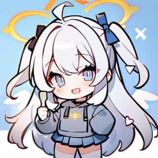  chibi, masterpiece, best quality,1girl, angel, (white hair), long curly hair, (two side up),blue eyes, (two blue ribbons on her hair), ((Double golden halo on her head)), choker, ((angel wings)), ahoge,cute smile, best smile, open mouth, Wearing grey Hooded T-shirt, long sleeves, pleated skirt, (holding a spoon), masterpiece,simple background