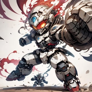 Masterpiece, 4K, ultra detailed, ((solo)), chibi style, anime style, skeleton Mecha, (MASK), (metal), dark color mecha, (fight pose), (punch), (Surrounded by electric current aura), (full body), solid background, detail, ,close viewer,ROBOT,aesthetic
