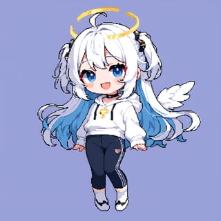 (chibi:1.3), masterpiece, made by a master, 4k, perfect anatomy, perfect details, best quality, high quality, lots of detail.
(solo),1girl, ((angel)), ((white hair)), (long hair:1.1), (two side up:1.2), blue eyes, (wavy hair), (hair curls), (bangs), two ((blue)) hair ties on head, (Double golden halo on her head), choker, ((angel wings)), ahoge, laughing, (white long sleeve hooded top), black pants, white socks, single, open mouth, (full body) ,Emote Chibi. cute comic, flat color, Cute girl,Chibi Style,lineart,pixel art,16 bit,Cutetoo,Pixel art,PixelartFSS,Pixel world,light,32 bit