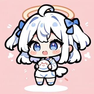  chibi, masterpiece, best quality, solo, 1girl, angel, white hair, long curly hair, (two side up), blue eyes, two blue bows on head, (Double golden halo on her head), choker, angel wings on back, ahoge, full body, cute smile, best smile, open mouth, Wearing blue and white dress, short pants, (Holding a huge stand sign), simple background,masterpiece,Chibi anime,doodle,cute comic,