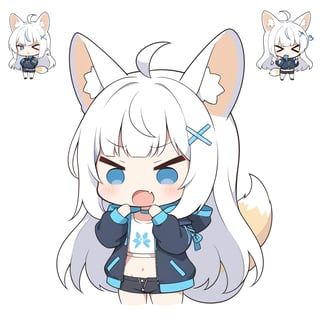 (chibi:1.3), masterpiece, made by a master, 4k, perfect anatomy, perfect details, best quality, high quality, lots of detail.
(solo),1girl, ((stoat girl)), solo,  ((white hair)), very long hair, blue eyes, (straight hair), (bangs), animal ears, (stoat ears:1.2), Choker, ahoge, cute_fang, (big Fox Tail:1.2), (blue X hairpin), (White collared sleeveless top, (midriff), blue chest bow), (black hooded oversized jacket:1.2), (jacket zipper half unzipped), (black short pants) (Off the shoulders), single, (((>_<:1.4))), hands on face, (upper body) ,Emote Chibi. cute comic,simple background, flat color, Cute girl,dal,Chibi Style,lineart,comic book,