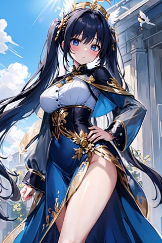 (panorama, wide shot), best quality, masterpiece, extremely detailed, detailed background, (from below:1.2), 1girl,angel, with sliver long curly hair, blue eyes, The temples on both sides are decorated with blue ribbons, 
(Double golden halo on her head), angel wings,looking at viewer, blue shirts, on side, fluffy hair, french , capelet, lace trim, bodice, blue sky, sunshine,long dress, ,sunny,scenery, grassland, high place, horizon, flowers, birds, wind, wind blow, (depth of field), bokeh,(twintails),mecha