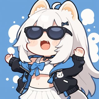 (chibi style), {{{masterpiece}}}, {{{best quality}}}, {{ultra-detailed}}, {beautiful detailed eyes}1girl, solo,  ((white hair)), very long hair, blue eyes, (straight hair), (bangs), animal ears, (stoat ears:1.2),
 Choker, ahoge, fangs, (big stoat Tail:1.2), (blue X hairpin), (White sleeveless collared dress, (midriff), (blue chest bow)), 
(black hooded oversized jacket:1.2), (jacket zipper half unzipped), (Off the shoulders), (rapping), (black sunglasses), upper body,chibi emote style,chibi,emote, cute,Emote Chibi,anime,cute comic,