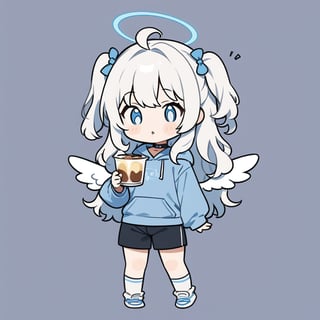 chibi, sd, masterpiece, made by a master, 4k, perfect anatomy, perfect details, best quality, high quality, lots of detail.
(solo),1girl, ((angel)), ((white hair)), long curly hair, (two side up), blue eyes,  (curly hair:1.2), (wavy hair), (hair curls), (bangs), (two side up), two ((blue)) hair ties on head, (Double golden halo on her head), choker, ((angel wings)), ahoge, (((0_0:1.2))), (Gray long sleeve hooded top), Black long pants, white socks, single, looking at viewer, ((holding a pudding:1.2)), (full body) ,Emote Chibi. cute comic,simple background, flat color, Cute girl,dal,Chibi Style,lineart,