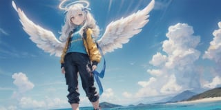  (Best Picture Quality, High Quality, Best Picture Score: 1.3), , Perfect Beauty Score: 1.5, long hair, 1 angel girl, (solo), ((white hair)), (long curly hair), blue eyes, ((two blue ribbons on her hair)), (Double golden halo on her head), (angel wings), (cute outfit), wearin explorer clothing, gadventure clothing, adventure wear, adventure pants, Going on an adventure, many wild animals, on an isolated island, (full_body), beautiful, cute, masterpiece, best quality,perfect light,