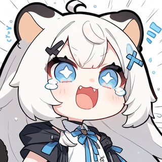 (chibi style),1girl, solo,  ((white hair)), very long hair, blue eyes, (straight hair), (bangs), animal ears, (stoat ears:1.2), Choker, ahoge, fangs, (big stoat Tail:1.2), (X hairpin),
(White sleeveless collared dress, blue chest bow), (black hooded oversized jacket:1.2), (Off the shoulders), ((>.<)), ((two lines of tears:1.2)), simple background, white background, upper body, anime,Emote Chibi,comic book