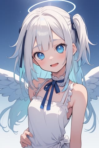 (photorealistic:1.4), (anime colored:1.5),(masterpiece, sidelights, exquisite gentle eyes), (character focus,face focus,close to viewer,portrait,masterpiece,)、anime colored,,cute face、 3D face,(cyan hair to blue hair gradient hair),,(1 girl), angel, white hair, long curly hair, (two side up), blue eyes, Two (blue) hair ties on head , (Double golden halo on her head), choker, angel wings, ahoge, (open stance,put your hands on your hip:1.3),(blue eyes:1.5),(upper body:1.5),(sleeveless white hair fur sundress :1.5),(kind face),(blush)、(cute face)、(head tilt:1.5), (cute face),(open mouth,Laughter:1.2),Gentle face,(medium breasts),(gradient background)、(glowing eyes)、
neat and clean、adorable、Slim Body,(tareme:1.5),,shiny hair, shiny skin、,niji,sketch,manga,

