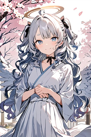masterpiece, best quality, aethetic,Pretty girl,1girl, angel, white hair, long curly hair, (two side up), blue eyes,  (curly hair:1.2), (wavy hair), (hair curls)
, (bangs), (two side up), two blue hair ties on head, (Double golden halo on her head), bowtie choker, angel wings, ahoge,Thin eyebrows,light blue eyes,（Sakura kimono：1.4）,Long skirts,Touched smile,gentle smile,Facial flushing,Cherry blossom trees,thick bangs,looking at viewer,closed mouth,aesthetic,score_9_up