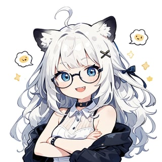 (chibi style), {{{masterpiece}}}, {{{best quality}}}, {{ultra-detailed}}, {beautiful detailed eyes},1girl, solo,  ((white hair)), very long hair, blue eyes, (straight hair), (bangs), animal ears, (stoat ears:1.2), Choker, ahoge, fangs, (big stoat Tail:1.2), (X hairpin), (White sleeveless collared dress, blue chest bow), (black hooded oversized jacket:1.2), (Off the shoulders), (glasses), (smug smile), ((with arms folded)), upper body,chibi emote style,chibi,emote,aesthetic, ,comic book,cute comic