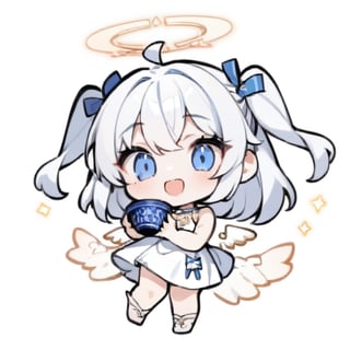  chibi, masterpiece, best quality, solo, 1girl, angel, (white hair), long curly hair, (two side up),blue eyes, (two blue ribbons on her hair), ((Double golden halo on her head)), choker, ((angel wings)), ahoge, full body, cute smile, best smile, open mouth, Wearing blue and white dress, (holding bowl and chopsticks), ,masterpiece,simple background,chibi emote style,Line Chibi yellow