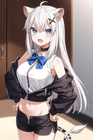 1girl, stoat girl, solo,  ((white hair)), very long hair, blue eyes, (straight hair), (bangs), animal ears, (stoat ears:1.2),
 Choker, ahoge, fangs, (big stoat Tail:1.2), (blue X hairpin), (White collared sleeveless top, (midriff), blue chest bow), 
(black hooded oversized jacket:1.2), ((jacket zipper half unzipped)), (black short pants) (Off the shoulders), hand on hip,anime,cg,