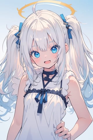 (photorealistic:1.4), (anime colored:1.5),(masterpiece, sidelights, exquisite gentle eyes), (character focus,face focus,close to viewer,portrait,masterpiece,)、anime colored,,cute face、 3D face,(cyan hair to blue hair gradient hair),,(1 girl), angel, white hair, long curly hair, (two side up), blue eyes, Two (blue) hair ties on head , (Double (golden) halo on her head), choker, angel wings, ahoge, (open stance,put your hands on your hip:1.3),(blue eyes:1.5),(upper body:1.5),(sleeveless white hair fur sundress :1.5),(kind face),(blush)、(cute face)、(head tilt:1.5), (cute face),(open mouth,Laughter:1.2),Gentle face,(medium breasts),(gradient background)、(glowing eyes)、
neat and clean、adorable、Slim Body,(tareme:1.5),,shiny hair, shiny skin、,niji,sketch,manga,

