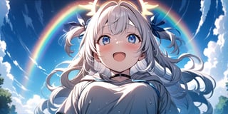 shiny, vibrant colors, female, masterpiece, sharp focus, best quality, depth of field, cinematic lighting, ((solo, one girl)), (illustration, 8k CG, extremely detailed), masterpiece, ultra-detailed, Anime-style illustration depicting a sunny sky scene. A sky after rain. (big rainbow in sky),  fire rainbows,1girl, angel, white hair, long curly hair, two side up,blue eyes, two blue ribbons on her hair, (Double golden halo on her head), choker, (angel wings),  Wearing grey Hooded T-shirt, is looking up at the sky with a surprised expression, cute smile. best smile, The perspective is from below, open mouth, shiny background,